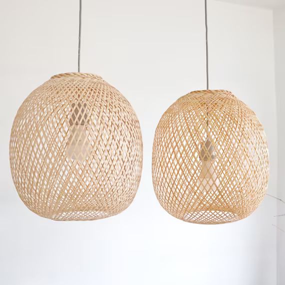 ROUND BAMBOO PENDANT Light - Handmade Wooden Pendant Lamp Hanging,Fishing Trap Basket, Hanging Na... | Etsy (US)