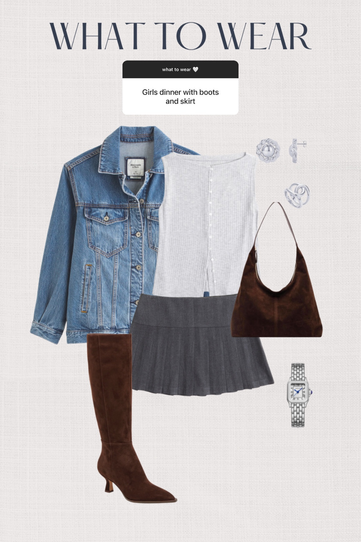 Girls night fall outfit 🤎 Abercrombie code: AFKATHLEEN

Denim jacket, boat neck top, grey pleated mini skirt, suede knee high boots 

#LTKFallSale #LTKSeasonal #LTKStyleTip