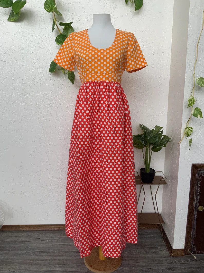 70\u2019s Empire Waist Polkadot Maxi Dress Long White Orange Hand Made Mod | Etsy (Global)