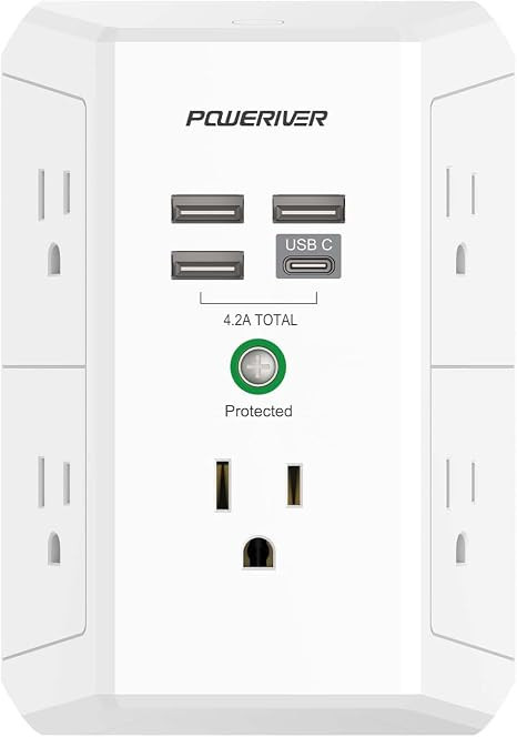 USB Wall Charger, POWERIVER Multi Outlet Extender Surge Protector with 4 USB Ports, 1680J Wall Ou... | Amazon (US)