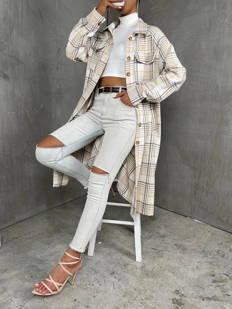 Plaid Print Flap Pocket Drop Shoulder Coat | SHEIN