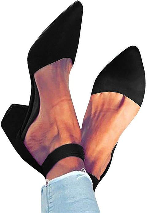 FISACE Womens Low Mid Square Heel Ankle Strap Sandal Office Ladies Pointed Toe Pumps Shoes | Amazon (US)