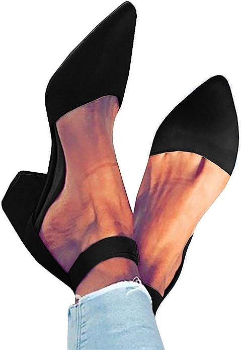 FISACE Womens Low Mid Square Heel Ankle Strap Sandal Office Ladies Pointed Toe Pumps Shoes | Amazon (US)
