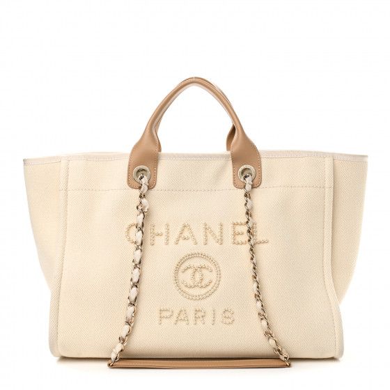 CHANEL Canvas Pearl Medium Deauville Tote Ecru Beige | FASHIONPHILE | Fashionphile