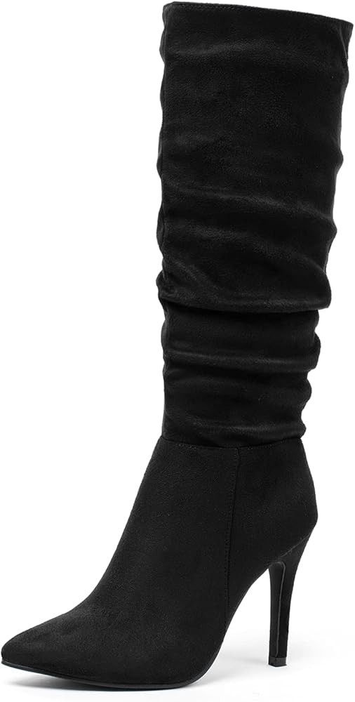 katliu Women Suede Knee High Boots Pointed Toe Stiletto Boot Slouchy Zipper High Heel Boots | Amazon (US)