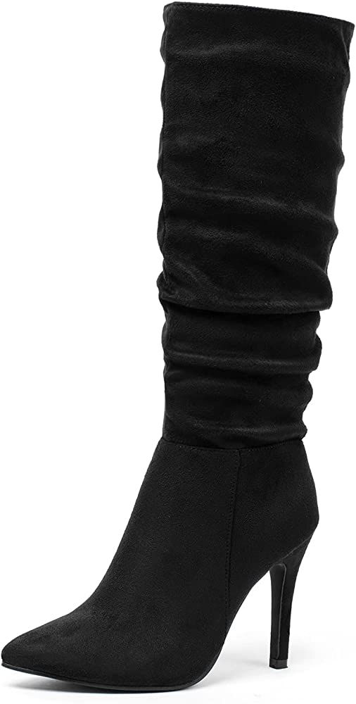 Katliu Women Suede Knee High Boots Pointed Toe Stiletto Boot Slouchy Zipper High Heel Boots | Amazon (US)