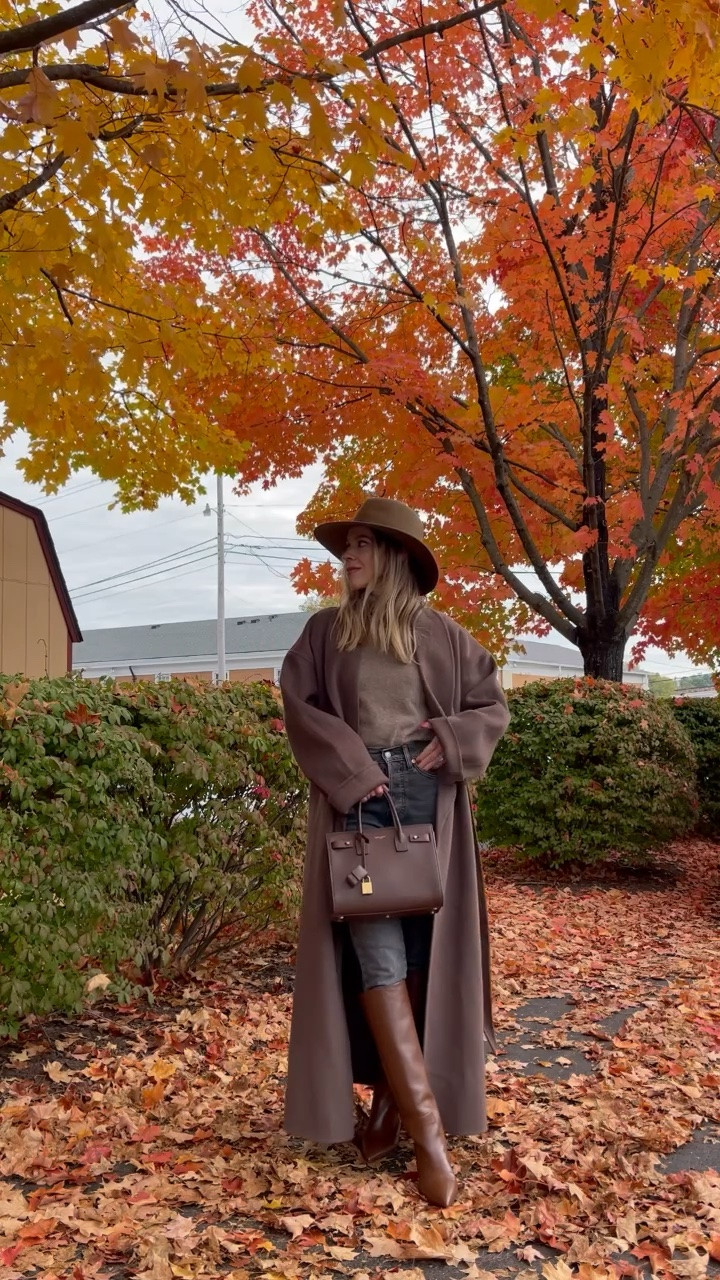 Classic fall outfit with wool hat, dark brown wool coat, gray skinny jeans and brown stiletto point toe boots