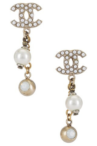 Chanel CC Rhinestone Pearl Clip-On Dangle Earrings in Metallic Gold | FWRD 