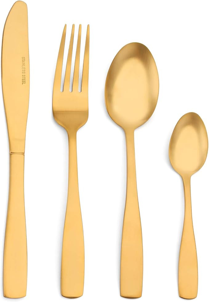 Sharecook Matte Gold Cutlery Set, 32 Piece Stainless Steel Silverware Set with Knife and Fork Set... | Amazon (UK)