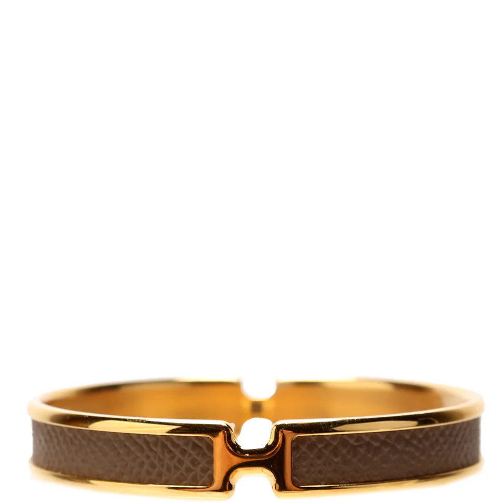 Olympe Epson Leather H Narrow Bracelet Gold/Brown | Keeks Designer Handbags