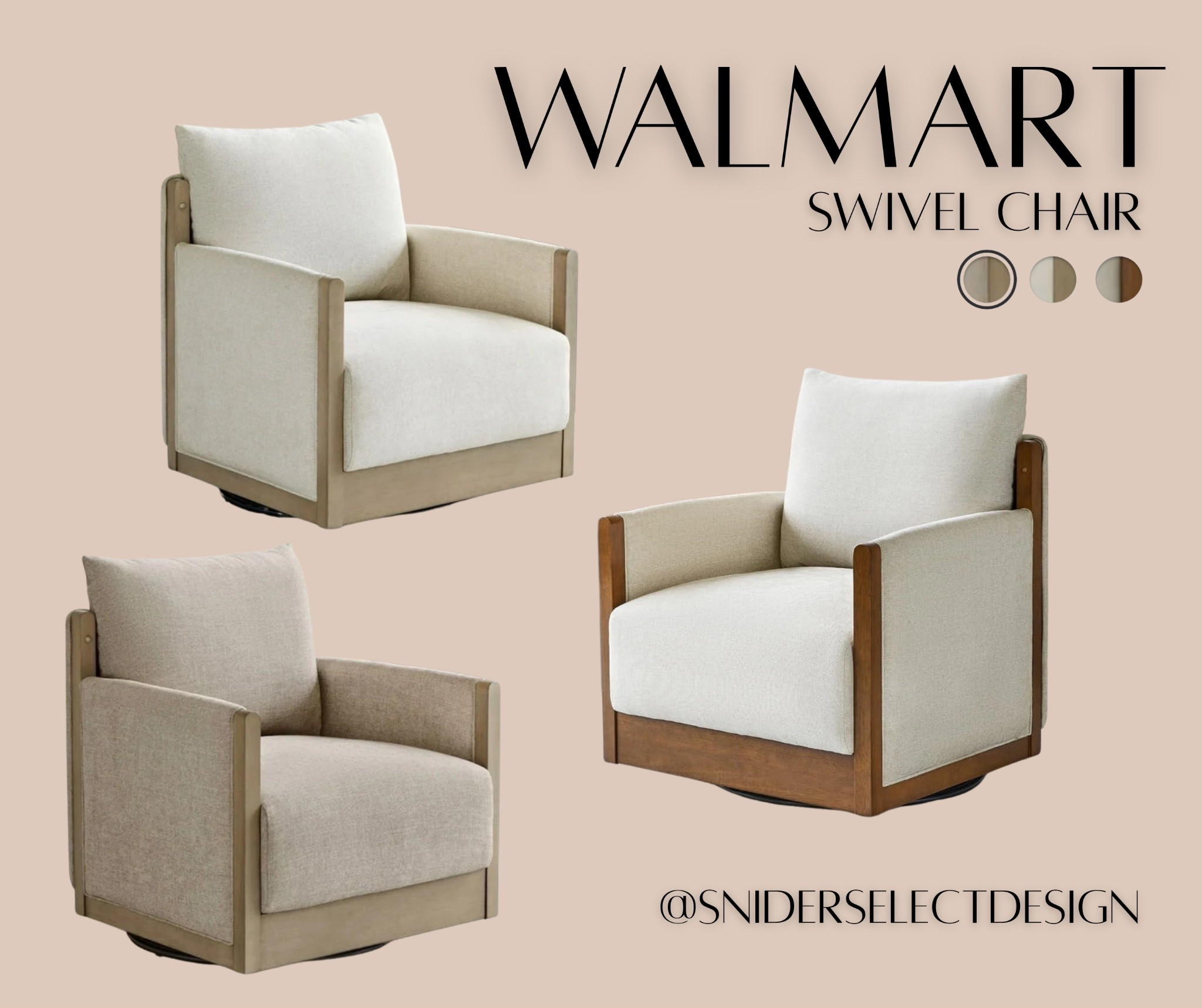Solid wood swivel chair from Walmart! 

Removable and reversible back cushion for easy care.

Mid-century Modern design with a curved back and soft upholstered arms.

#LTKHome