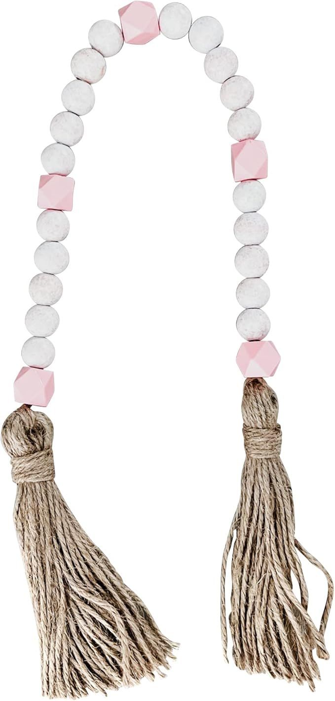 25" Decorative String of Wooden Beads Garland with Tassels - Pink / Distressed White Wood Beads w... | Amazon (US)