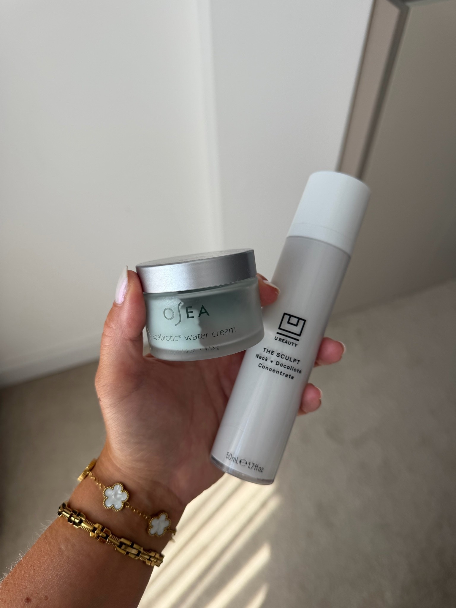 These saved my skin on the trip — daily moisturizer and neck cream I use every day.