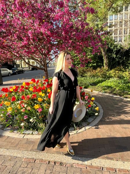 Black summer maxi dress. Tie back and bust line, functional button up front and butterfly sleeves. Free people style for a fraction of the price.straw boater hats for spring. 

Dress runs TTS. Use code eatsty015 for 15% off. 

#LTKstyletip #LTKSeasonal