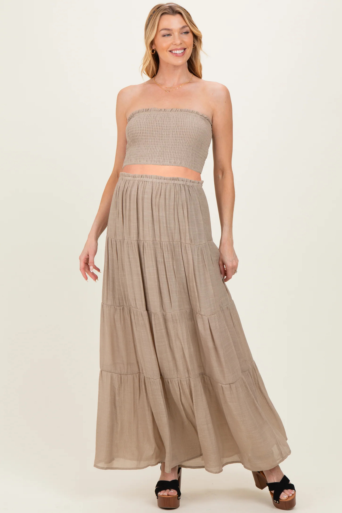 Beige Smocked Tube Top Tiered Skirt Maternity Set | PinkBlush Maternity