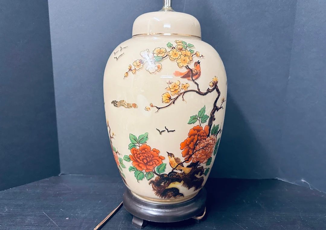 Vintage 29 MCM Floral Beige Glass Vase Ginger Jar Oriental Asian Style Table Lamp on Wood Base - ... | Etsy (US)