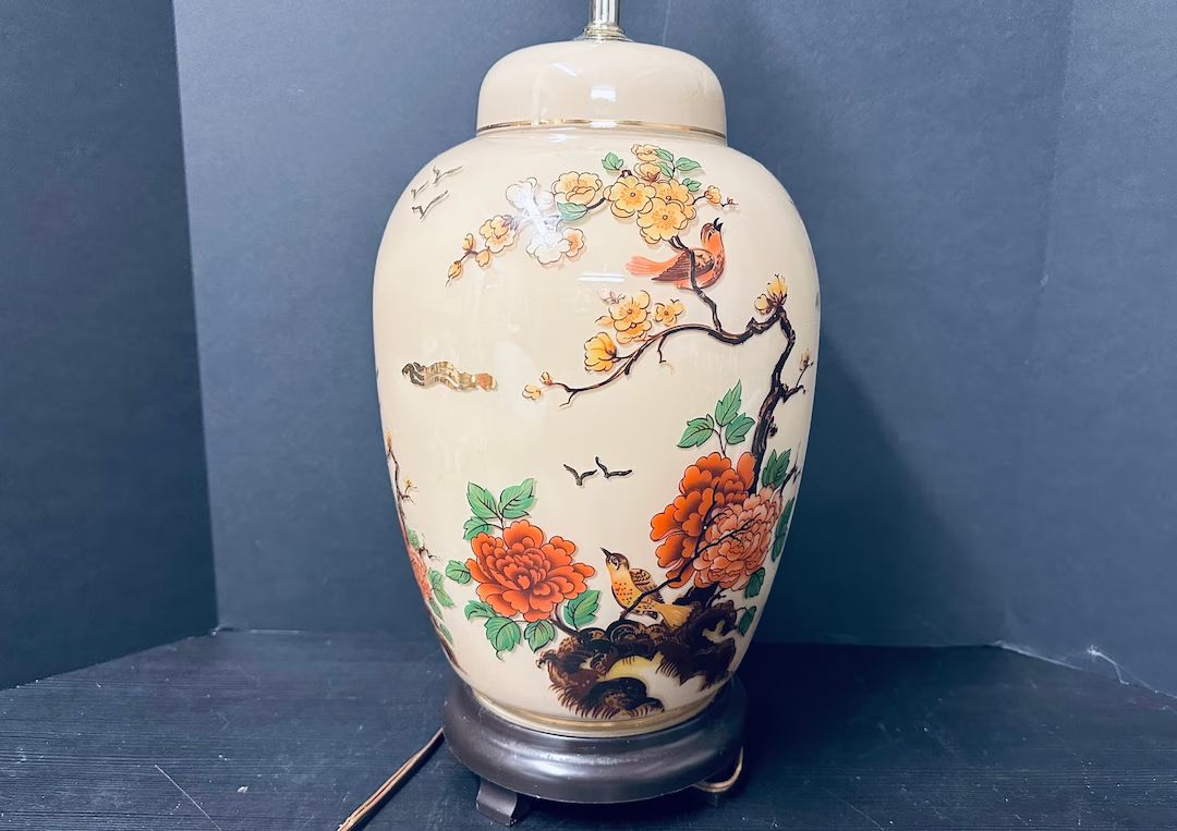 Vintage 29 MCM Floral Beige Glass Vase Ginger Jar Oriental Asian Style Table Lamp on Wood Base - ... | Etsy (US)
