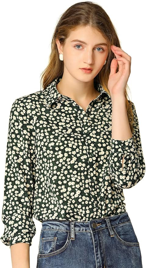 Allegra K Women's Button Down Shirt Work Office Tops Long Sleeve Point Collar Floral Blouse | Amazon (US)