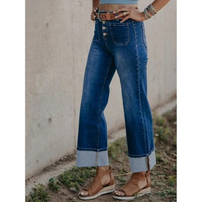 Women's High Waist Cropped Wide Leg Jeans Cuffed Hem with Front Pockets Blue S | Target