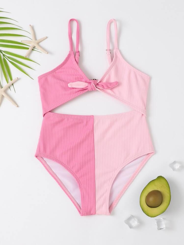 Toddler Girls Two Tone Cut Out Tie Front One Piece Swimsuit
       
              
              ... | SHEIN