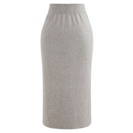 High Waist Ribbed Knit Pencil Skirt in Sand | Chicwish
