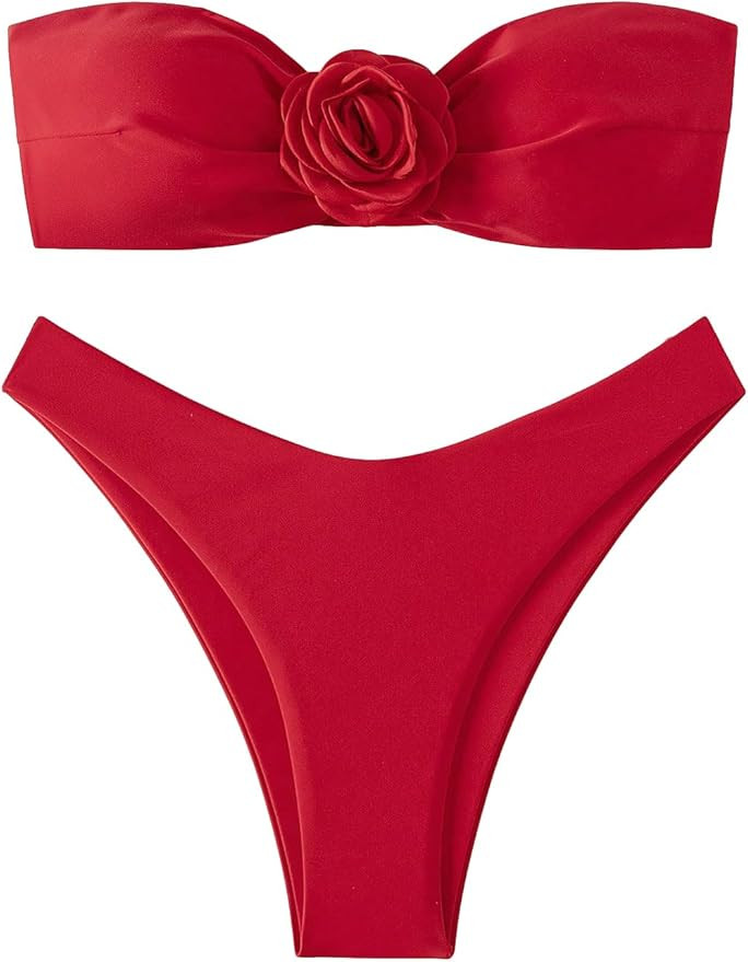 OYOANGLE Women's 2 Piece Bikini Sets 3D Floral Appliques Strapless Sleeveless High Cut Solid Band... | Amazon (US)