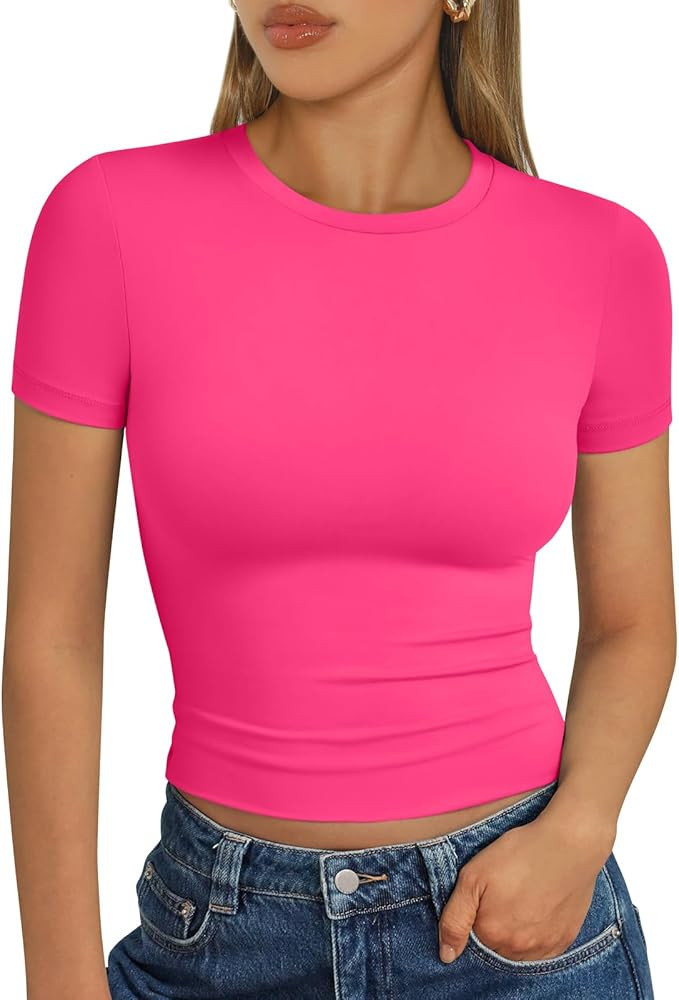 Trendy Queen Womens Short Sleeve T Shirts Summer Crop Tops Basic Slim Fit Gym Workout Y2k Clothes | Amazon (US)