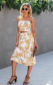 Angashion Women's Floral Crop Top Maxi Skirts Set 2 Piece Outfit Dress | Amazon (US)