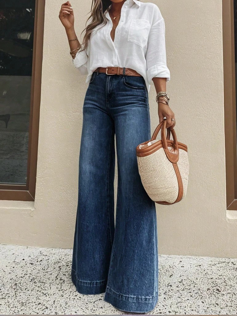 LocalWomen's Casual Wide Leg Jeans, Elegant & Fashionable Long Style, With Pockets, Medium Stretc... | SHEIN