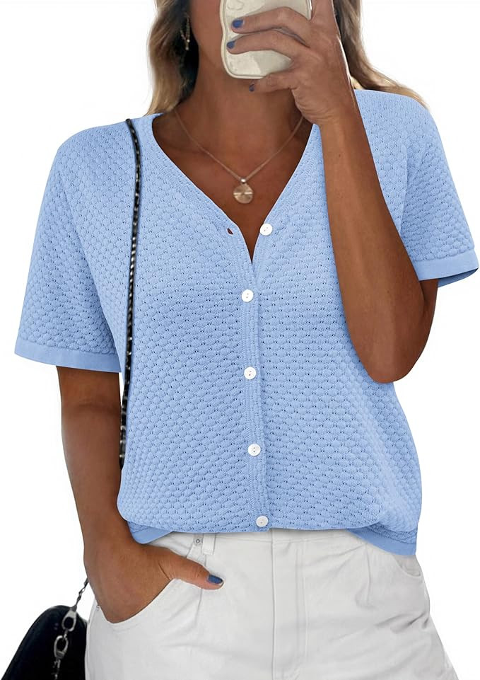 NALANISA Women's Short Sleeve Sweater Spring Summer Crochet Knit Tops 2026 V Neck Striped Button ... | Amazon (US)