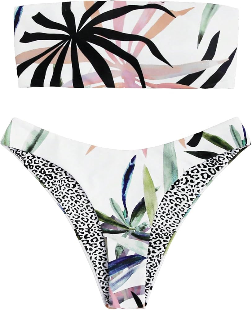 GORGLITTER Women's Strapless Bandeau Swimsuits Tropical High Cut Thong Cheeky Bikini Set Bathing ... | Amazon (US)