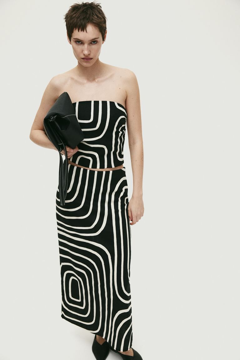 Linen-blend skirt - Black/White patterned - Ladies | H&M GB | H&M (UK, MY, IN, SG, PH, TW, HK)