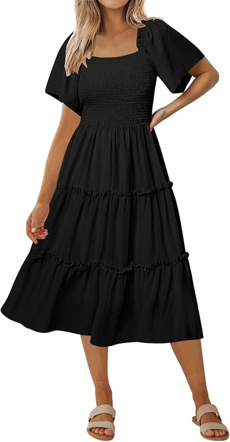 LILLUSORY Women's Summer Casual Flutter Sleeve Square Neck Smocked Midi Dress | Amazon (US)