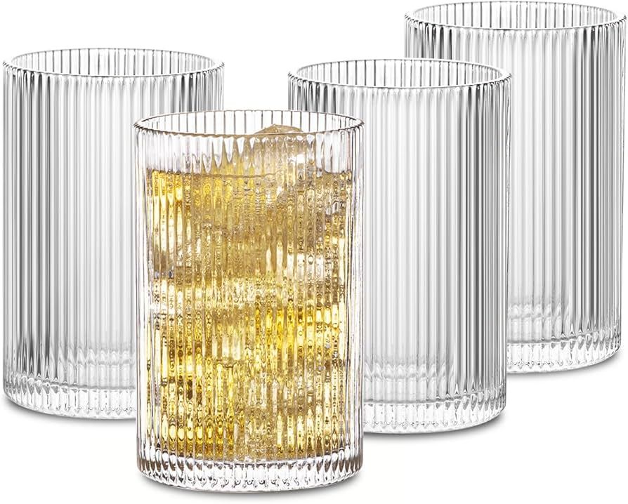 INSETLAN 17oz Ribbed Glassware Set of 4, Glass Cups Large Vintage Glassware Set, Origami Style Co... | Amazon (US)