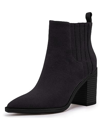 Women's Ankle Boots Pointed Toe Slip On Chunky Mid Heel Leather Elastic Panel Casual Chelsea Western Booties | Amazon (US)