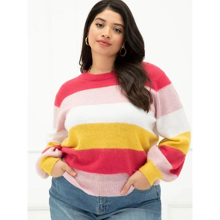 ELOQUII Elements Women's Plus Size Striped Balloon Sleeve Sweater | Walmart (US)