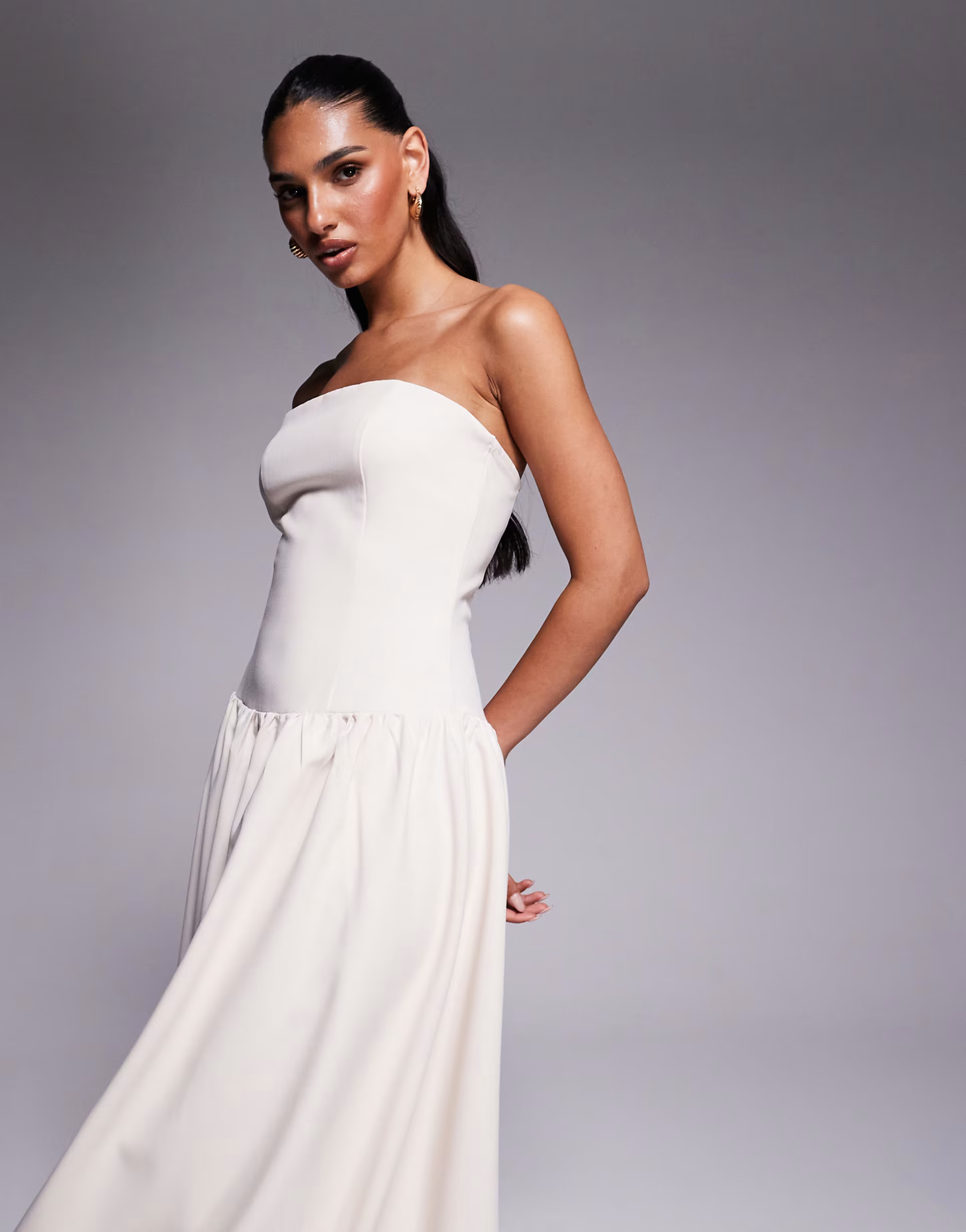 Kaiia exclusive structured bandeau drop waist gathered skirt maxi dress in cream | ASOS | ASOS (Global)