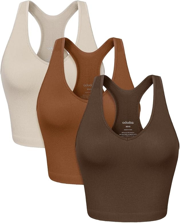 ODODOS 3-Pack Seamless Racerback Crop Tank for Women Ribbed Knit Soft Crop Tops | Amazon (US)