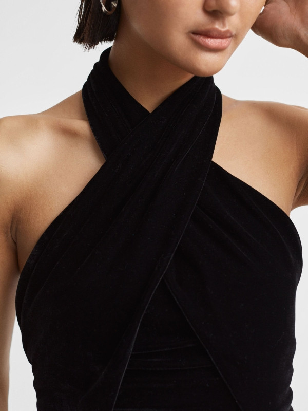 Velvet Halter Neck Cropped Top | Reiss UK