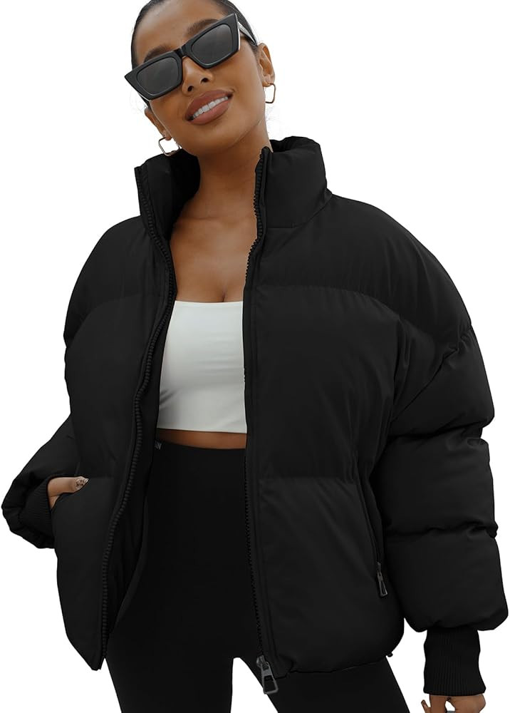 Winter Puffer Jacket Women Cropped Baggy Down Coats Long Sleeves Zip Puffy Jackets | Amazon (US)