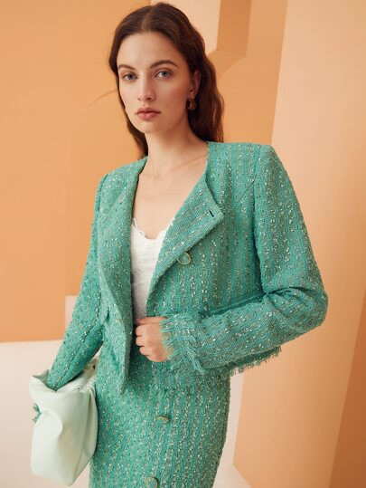 SHEIN Plaid Pattern Double Breasted Raw Trim Tweed Overcoat | SHEIN