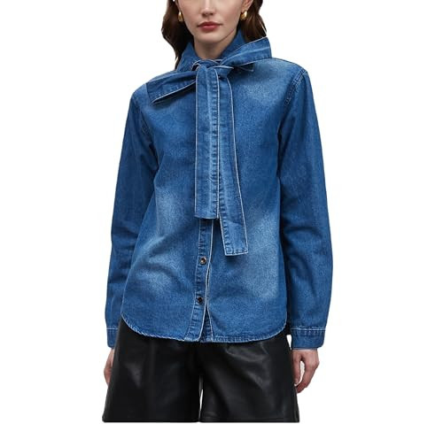 Ladyful Denim Button Down Shirt Shacket Women Casual Bow Tie Neck Long Sleeve Jean Shirt Blouse Top | Amazon (US)