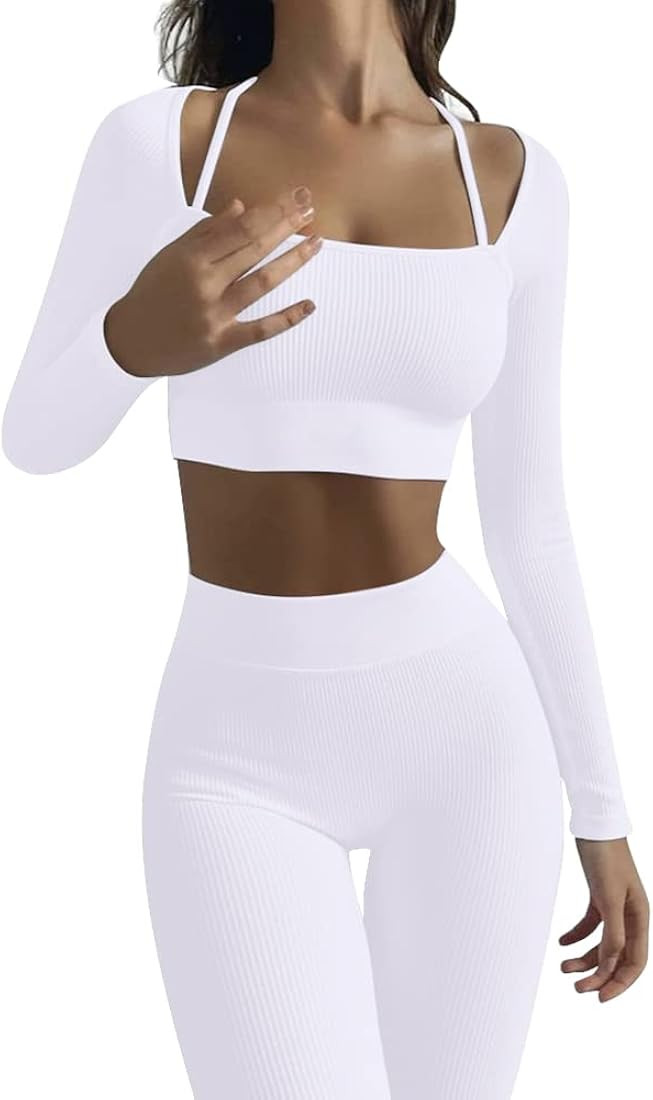 ABOCIW Workout Sets for Women Seamless Ribbed Sweetheart Neck Long Sleeve Crop Top Scrunch Butt H... | Amazon (US)