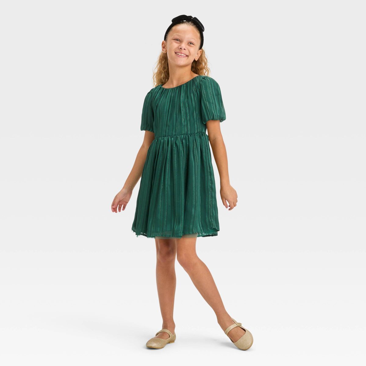 Girls' Short Sleeve Striped Dress - Cat & Jack™ Forest Green | Target