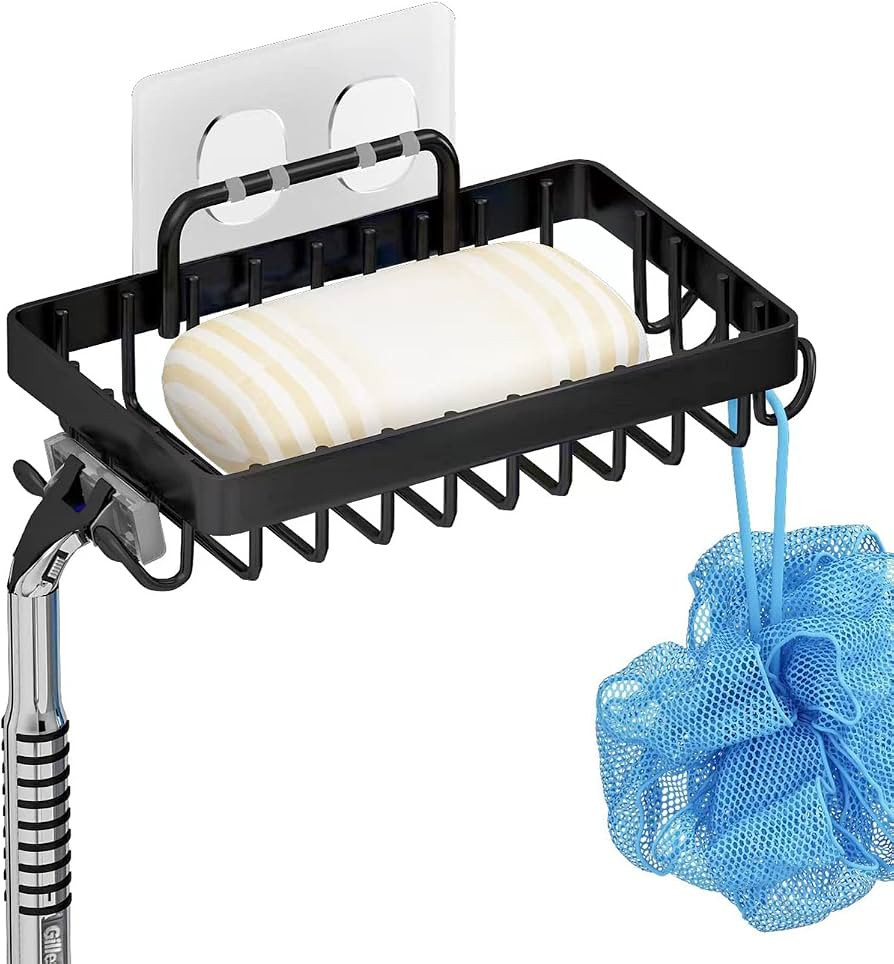 Shower Soap Holder with 4 Hooks, 304 Stainless Steel Adhesive Soap Dish, Black | Amazon (US)