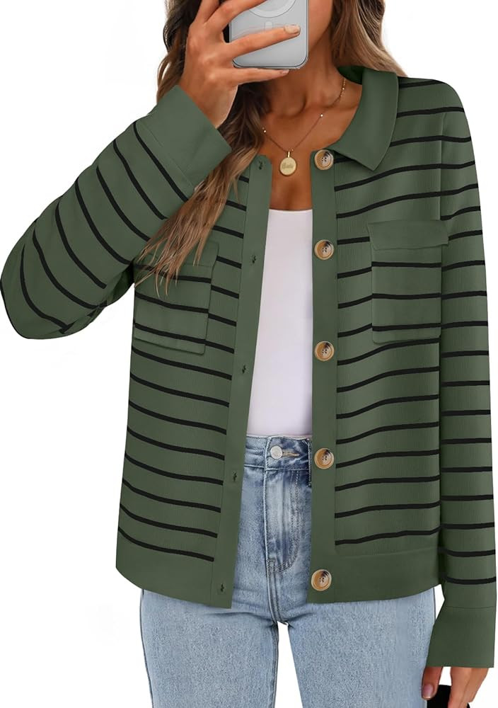 MEROKEETY Women's 2024 Fall Knit Striped Long Sleeve Sweater Open Front Button Down Cardigan | Amazon (US)