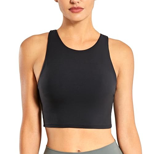 CRZ YOGA Women's High Neck Longline Sports Bra - Padded Racerback Yoga Bra Crop Tank Top with Built in Shelf Bra Black Small | Amazon (US)