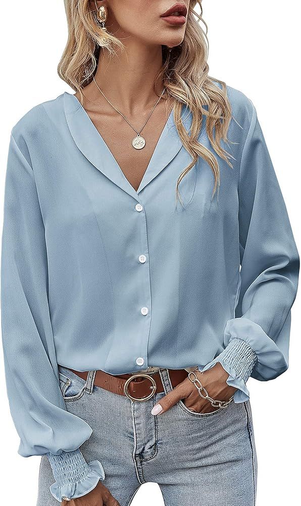 LOMON Womens Casual Tops V Neck Long Sleeve Button Down Shirt Chiffon Blouse | Amazon (US)