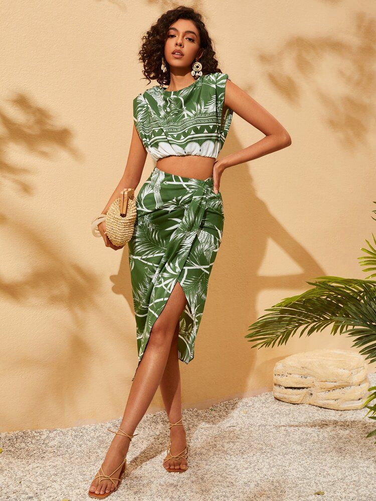 SHEIN Tropical Print Shoulder Pads Crop Top & Wrap Skirt | SHEIN