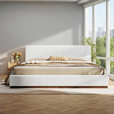 King Size Upholstered Bed Frame, Elegant Traditional-to-Modern Style Boucle White-toned Solid Wood Base | Wayfair North America